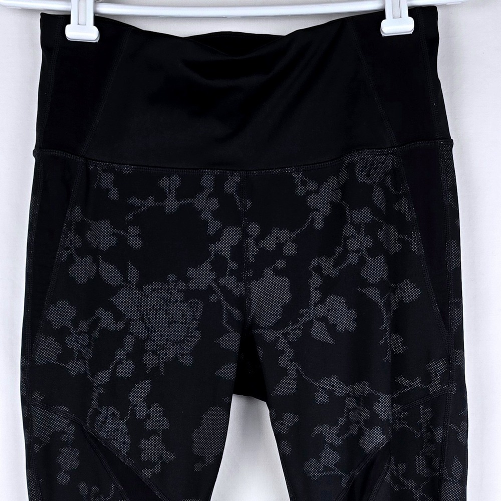 Athleta Womens Black Floral Mesh Panel High Rise Leggings Size M Zipper Pocket - Picture 2 of 12